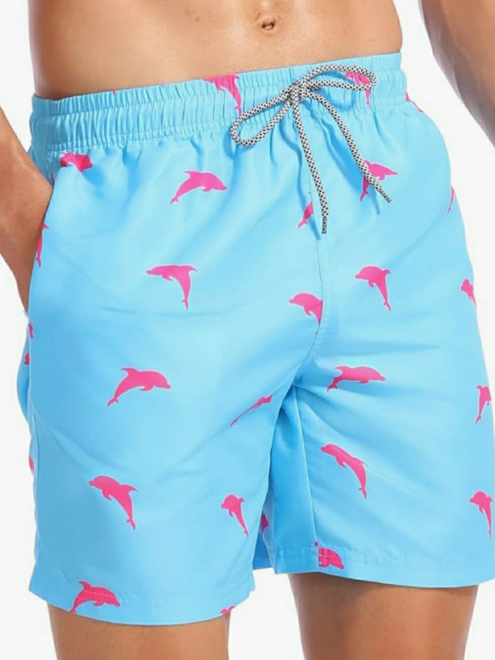 NWT Men's Light Blue W/Pink Dolphin Print Swim Trunks By Biwisy 2xl
